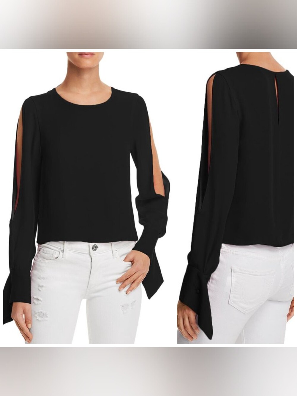 Ramy Brook Addy 100% Silk Split Sleeves Blouse Black XS Boat Neck Long Seeve